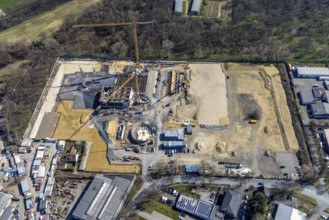 Aerial view, construction site new wood-fired power station at Thyssenstraße, Averbruch, Dinslaken,