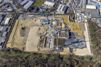 Aerial view, construction site new wood-fired power station at Thyssenstraße, Averbruch, Dinslaken,
