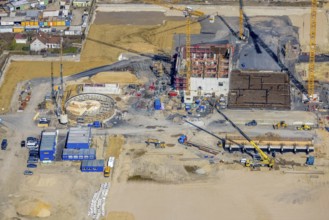 Aerial view, construction site new wood-fired power station at Thyssenstraße, Averbruch, Dinslaken,