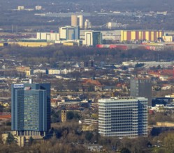 Aerial view, city view, Westnetz building, innogy SE, view to the north, in the background Holcim
