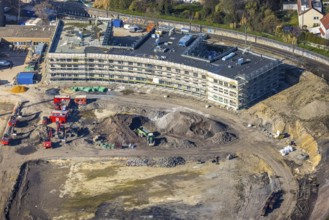 Aerial view, Hombrucher Bogen, construction site for commercial areas and apartment buildings,