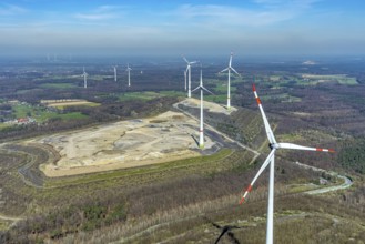 Aerial view, construction site, Halde Lohberg Norderweiterung, wind turbines, Bruckhausen, Hünxe,