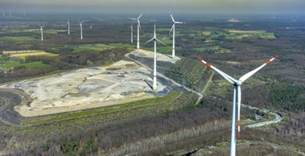 Aerial view, construction site, Halde Lohberg Norderweiterung, wind turbines, Bruckhausen, Hünxe,