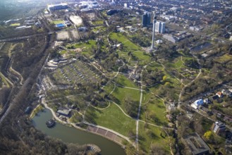 Aerial view, lawn in Westfalenpark, spring weather on Dortmund's lawns, Dortmund, Ruhr area, North