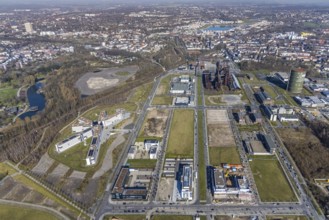 Aerial view, technology park Phönix-West, blast furnace plant, Hacheney, Dortmund, Ruhr area, North