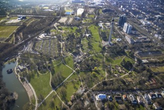 Aerial view, lawn in Westfalenpark, spring weather on Dortmund's lawns, Dortmund, Ruhr area, North