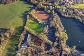 Aerial view of Barkenbergsee with sports field of SuS Grün Weiß Barkenberg and Tennis Park Wulfen