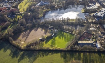 Aerial view of Barkenbergsee with sports field of SuS Grün Weiß Barkenberg and Tennis Park Wulfen