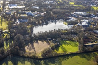 Aerial view of Barkenbergsee with sports field of SuS Grün Weiß Barkenberg and Tennis Park Wulfen