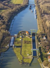 Aerial view large lock Dorsten on the Wesel-Datteln Canal near Dorsten in the Ruhr area in North