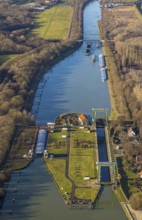 Aerial view large lock Dorsten on the Wesel-Datteln Canal near Dorsten in the Ruhr area in North