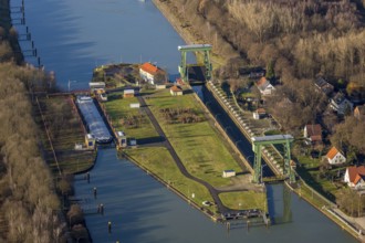 Aerial view large lock Dorsten on the Wesel-Datteln Canal near Dorsten in the Ruhr area in North