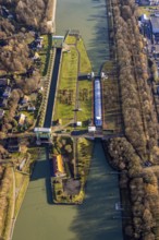Aerial view large lock Dorsten on the Wesel-Datteln Canal near Dorsten in the Ruhr area in North