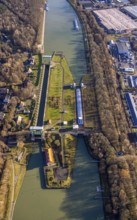 Aerial view large lock Dorsten on the Wesel-Datteln Canal near Dorsten in the Ruhr area in North