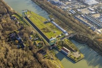 Aerial view large lock Dorsten on the Wesel-Datteln Canal near Dorsten in the Ruhr area in North
