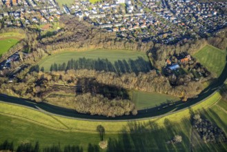 Aerial view of a meadow and woodland Altes Pastorat in the Vennstraße in Dorsten in the Ruhr area