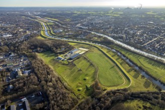 Aerial view of the equestrian centre Gut Hohenkamp with river Lippe and Weser-Datteln-Canal in