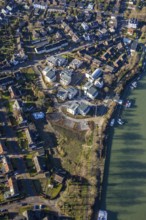 Aerial view of a construction site and new construction of residential buildings with barrier-free