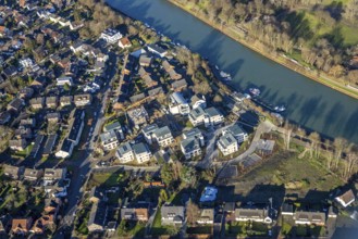 Aerial view of a construction site and new construction of residential buildings with barrier-free