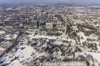 Aerial view, Westfalenpark and Florianturm in the snow, Ruhrallee, Dortmund, Ruhr area, North