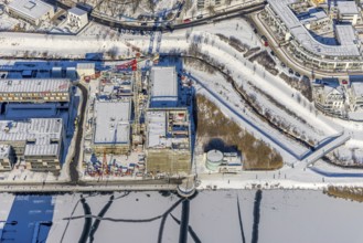 Aerial view, snow-covered Phoenix Lake, construction site of a retirement home, Hörde, Dortmund,