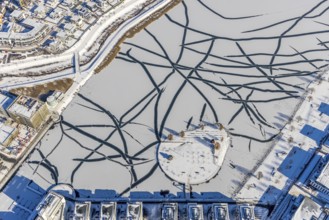 Aerial view, snowy Phoenix Lake, Hörde, Dortmund, Ruhr area, North Rhine-Westphalia, Germany, DE,