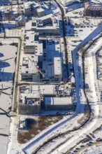 Aerial view, snow-covered Phoenix Lake, construction site of a retirement home, Hörde, Dortmund,