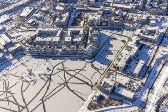 Aerial view, snow-covered Phoenix Lake, Hörder Burg, construction site of a retirement home, Hörde,