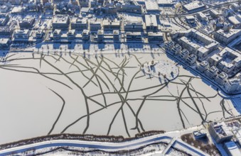 Aerial view, snow-covered Phoenix Lake, Hörde, Dortmund, Ruhr area, North Rhine-Westphalia,