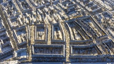 Aerial view, residential area Rheinische Straße, Althoffblock in the snow, Dorstfelder Brücke,
