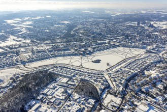 Aerial view, snowy Phoenix Lake, Hörde, Dortmund, Ruhr area, North Rhine-Westphalia, Germany, DE,