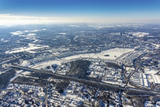 Aerial view, snowy Phoenix Lake, Hörde, Dortmund, Ruhr area, North Rhine-Westphalia, Germany, DE,