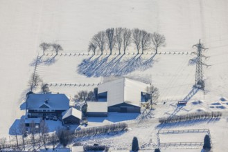 Aerial view, trees and house in the snow at Sölder Kirchweg, Sölde, Dortmund, Ruhr area, North