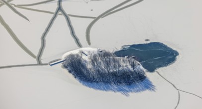 Aerial view, snow-covered island with trees in Phoenix Lake, Hörde, Dortmund, Ruhr area, North