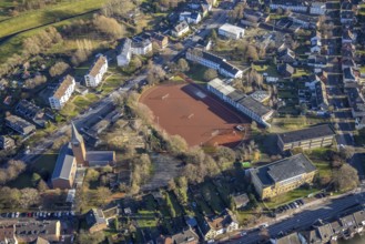 Aerial view of St John's Church in Beethovenstraße and St John's Catholic Kindergarten and
