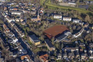 Aerial view of St John's Church in Beethovenstraße and St John's Catholic Kindergarten and