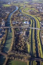 Aerial view Wesel-Datteln-Kanal with river Lippe and Lippeaue and Gymnasium Petrinum and leisure