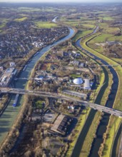 Aerial view Wesel-Datteln-Kanal with river Lippe and Lippeaue and Gymnasium Petrinum and leisure