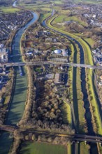 Aerial view Wesel-Datteln-Kanal with river Lippe and Lippeaue and Gymnasium Petrinum and leisure