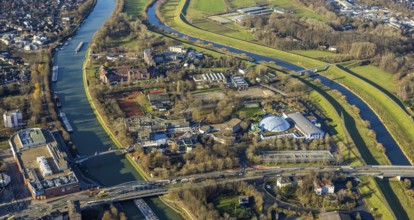 Aerial view Wesel-Datteln-Canal with river Lippe and Lippe floodplain and Gymnasium Petrinum and