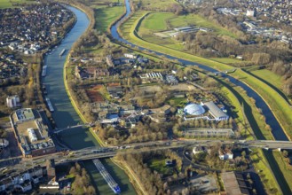 Aerial view Wesel-Datteln-Kanal with river Lippe and Lippeaue and Gymnasium Petrinum and leisure