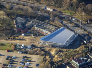 Aerial view of a construction site and new construction of a skate park in Dorsten in the Ruhr area