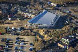Aerial view of a construction site and new construction of a skate park in Dorsten in the Ruhr area