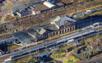 Aerial view of Dorsten railway station in Dorsten in the Ruhr area in North Rhine-Westphalia,