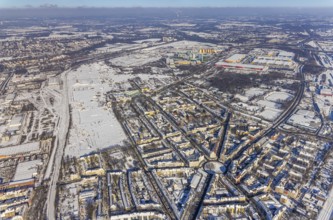 Aerial view, Westfalenhütte site, winter at Borsigplatz, Dortmund, Ruhr area, North