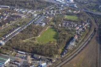 Aerial view, the Tremoniapark a large playground and sunbathing lawn, spring weather on Dortmund's