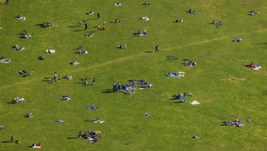 Aerial view, the Tremoniapark a large playground and sunbathing lawn, spring weather on Dortmund's