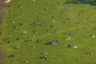 Aerial view, the Tremoniapark a large playground and sunbathing lawn, spring weather on Dortmund's