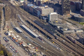 Aerial view, construction site with reconstruction and new construction of platforms at Dortmund