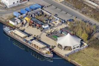 Aerial view, harbour Dortmund, ship and gastronomy Walter, harbour, Dortmund, Ruhr area, North